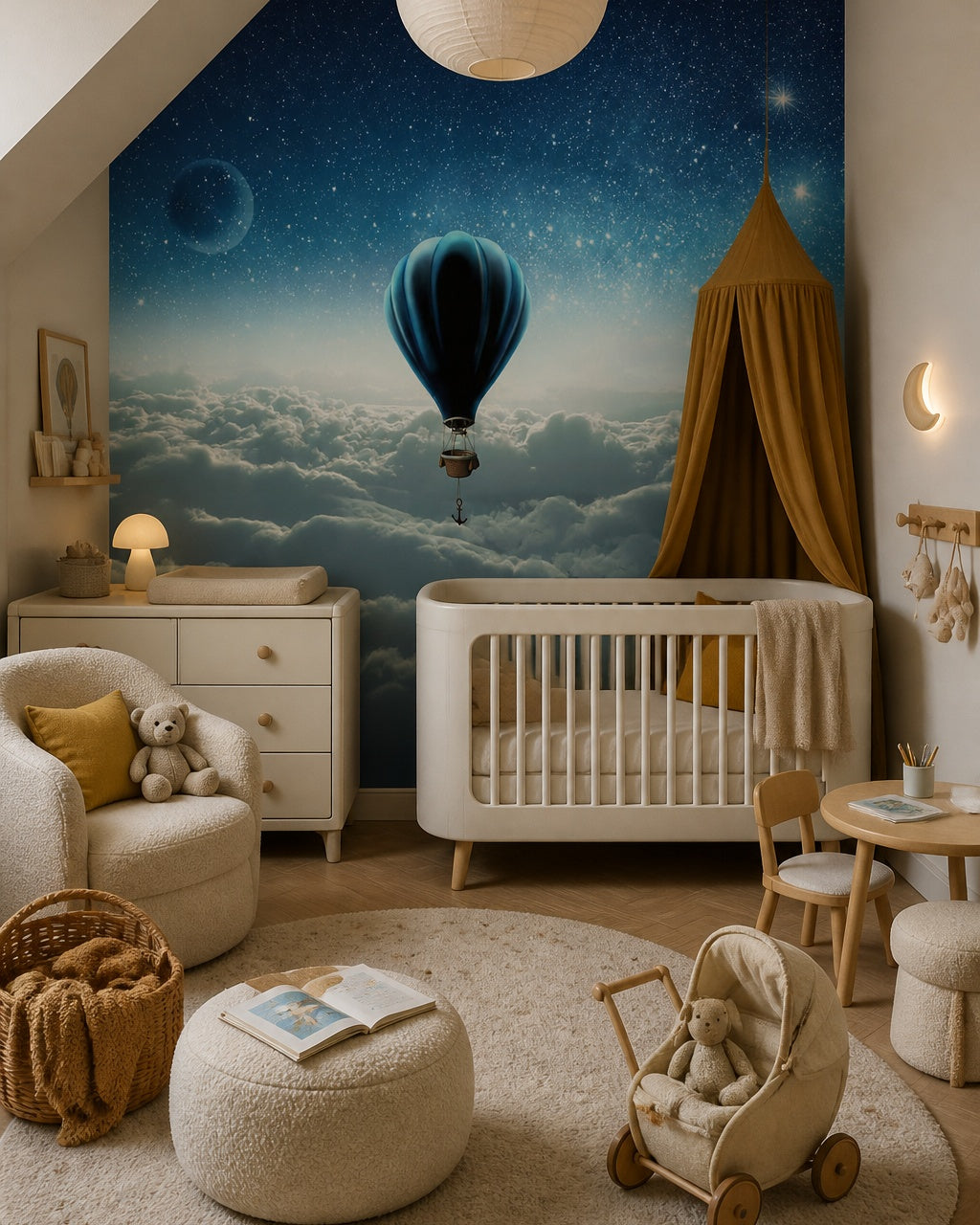 Hot air balloon above clouds wallpaper in a modern nursery with a crib.