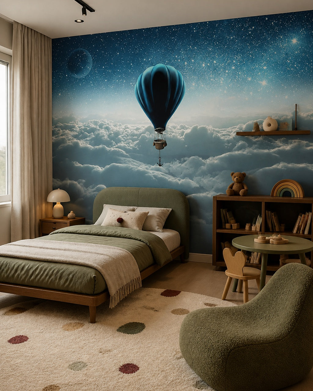 Hot air balloon above clouds wallpaper in a toddler bedroom with a child-sized bed.