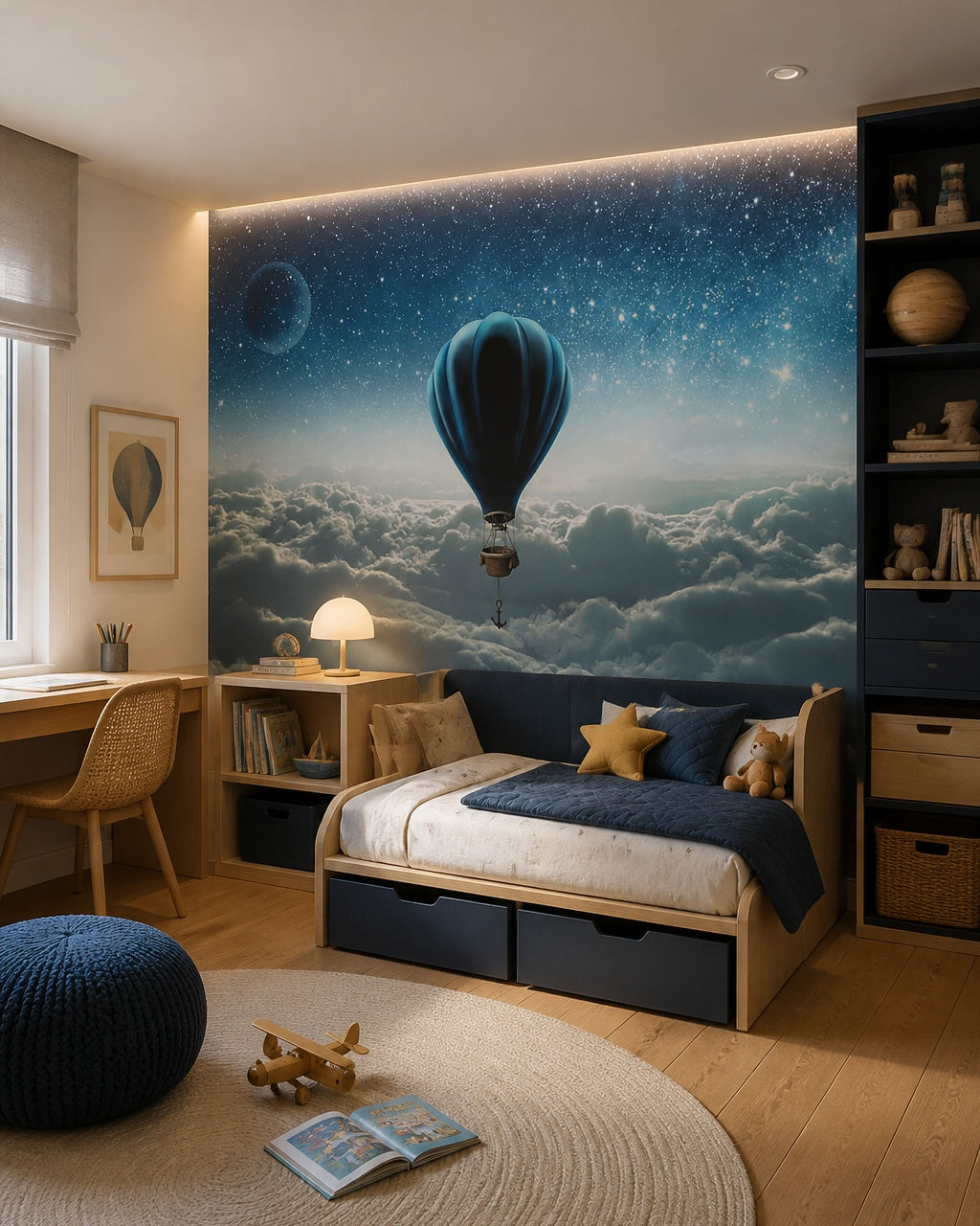 Hot air balloon above clouds wallpaper in a boy’s bedroom.