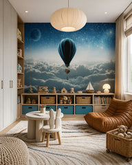 Hot air balloon above clouds wallpaper in a children’s playroom.