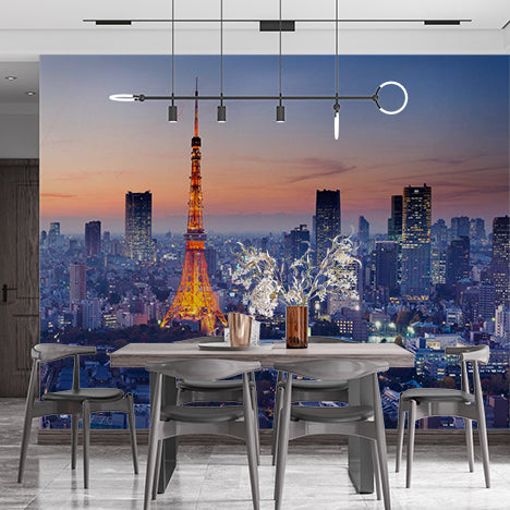 Custom Tokyo Tower at Dusk Cityscape Wall Mural - Illuminated Skyline Wallpaper