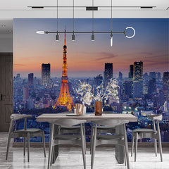 Custom Tokyo Tower at Dusk Cityscape Wall Mural - Illuminated Skyline Wallpaper