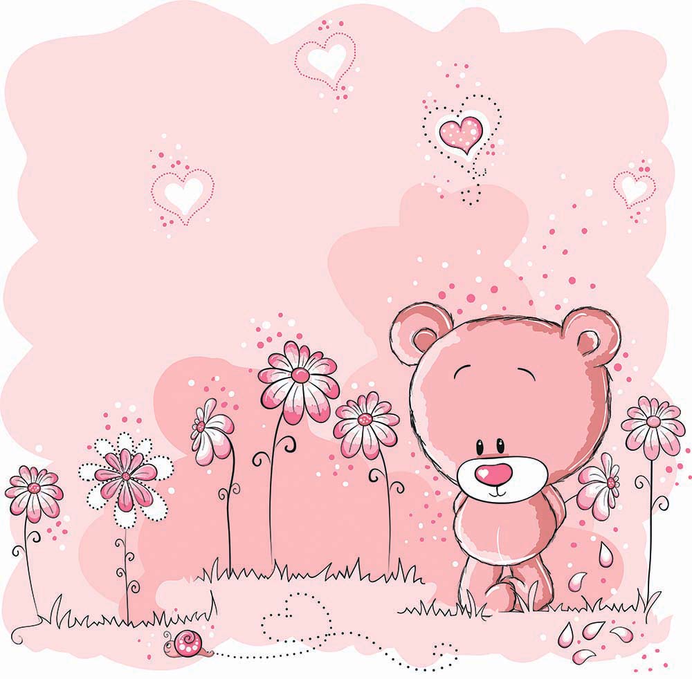 Papier peint ourson rose – Papier peint panoramique chambre de bébé fille avec marguerites et cœurs