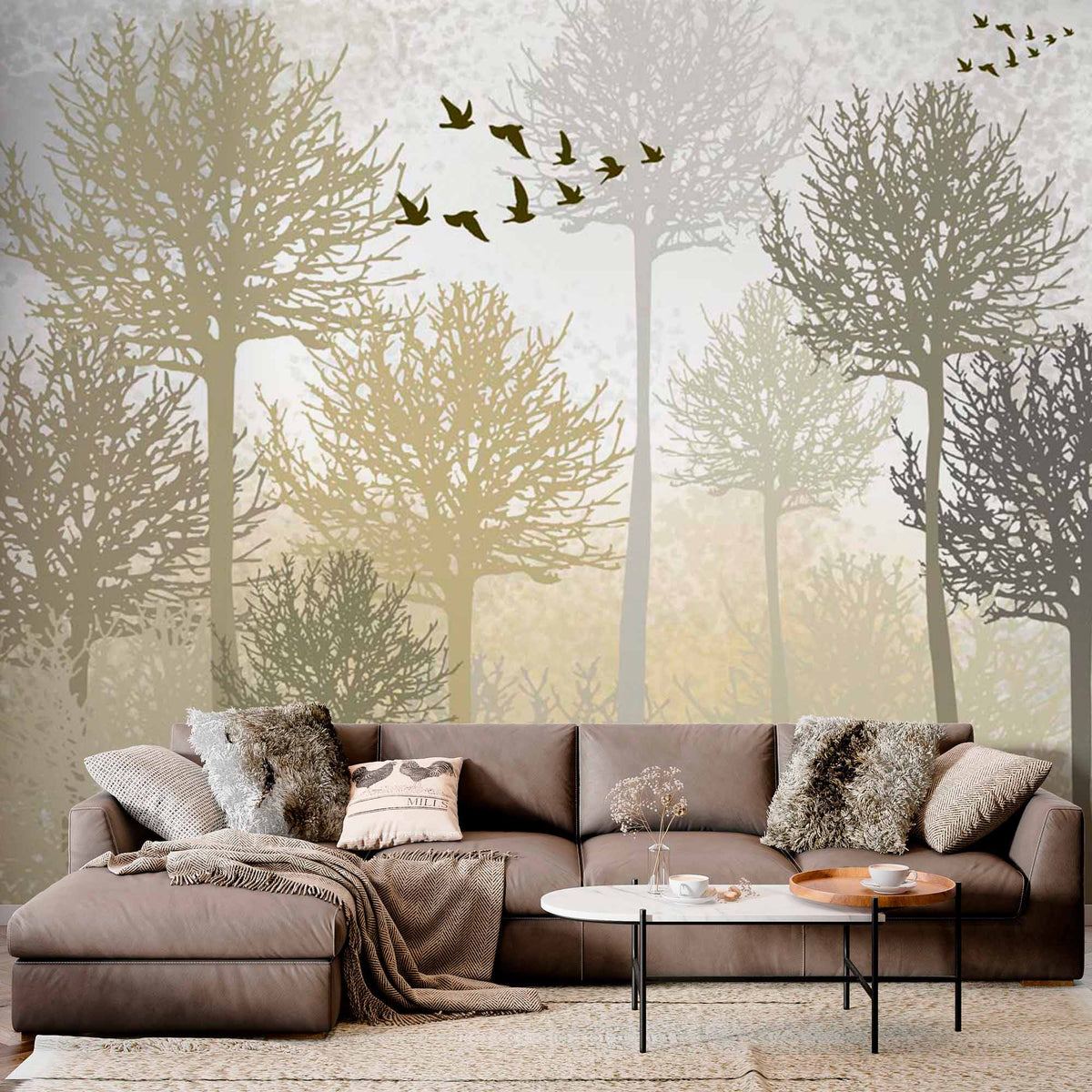 Misty Golden Forest with Soaring Birds Wall Mural Wallpaper