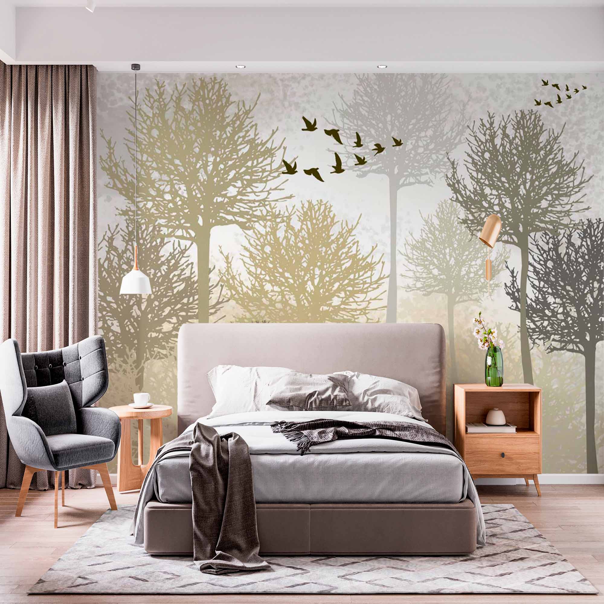 Misty Golden Forest with Soaring Birds Wall Mural Wallpaper