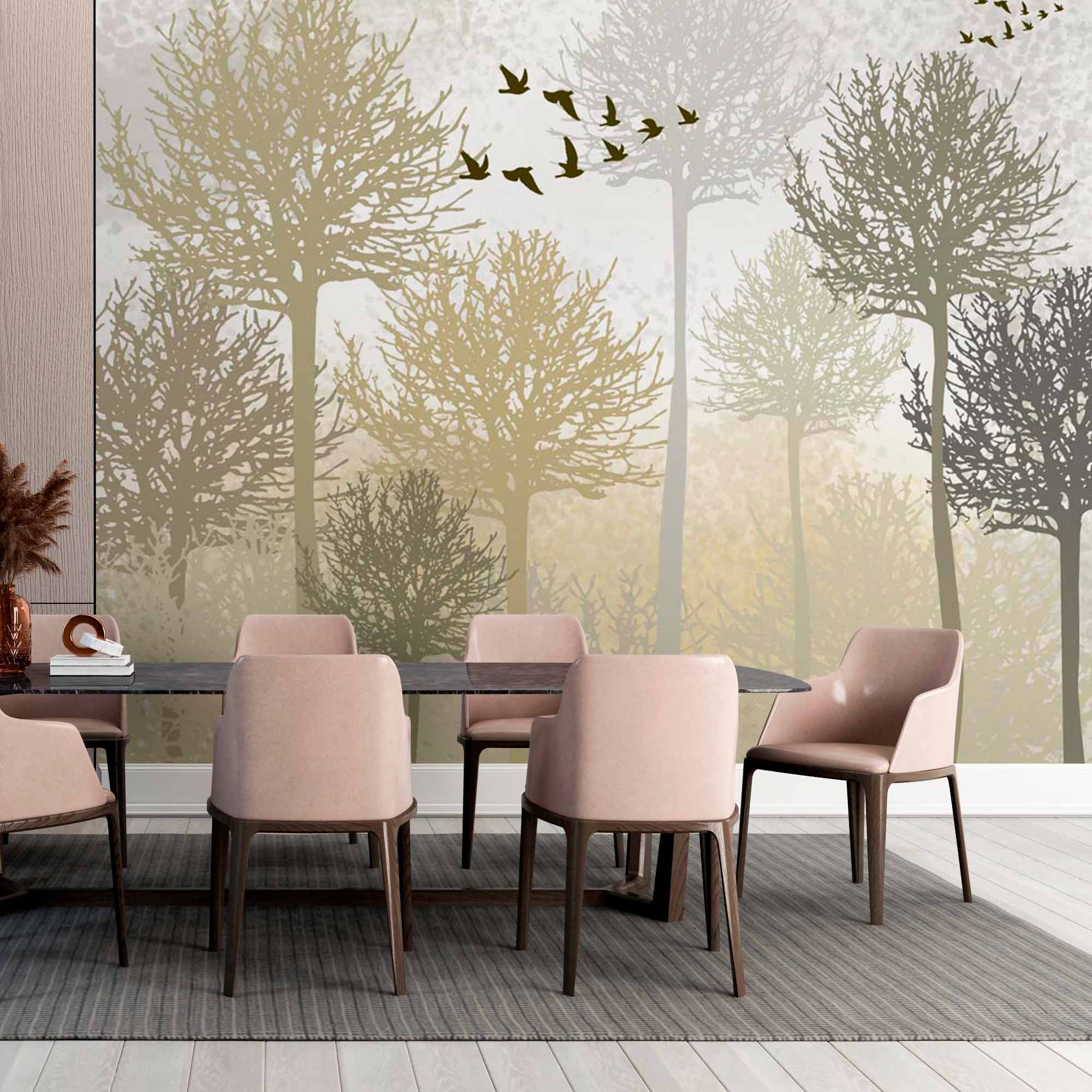 Misty Golden Forest with Soaring Birds Wall Mural Wallpaper