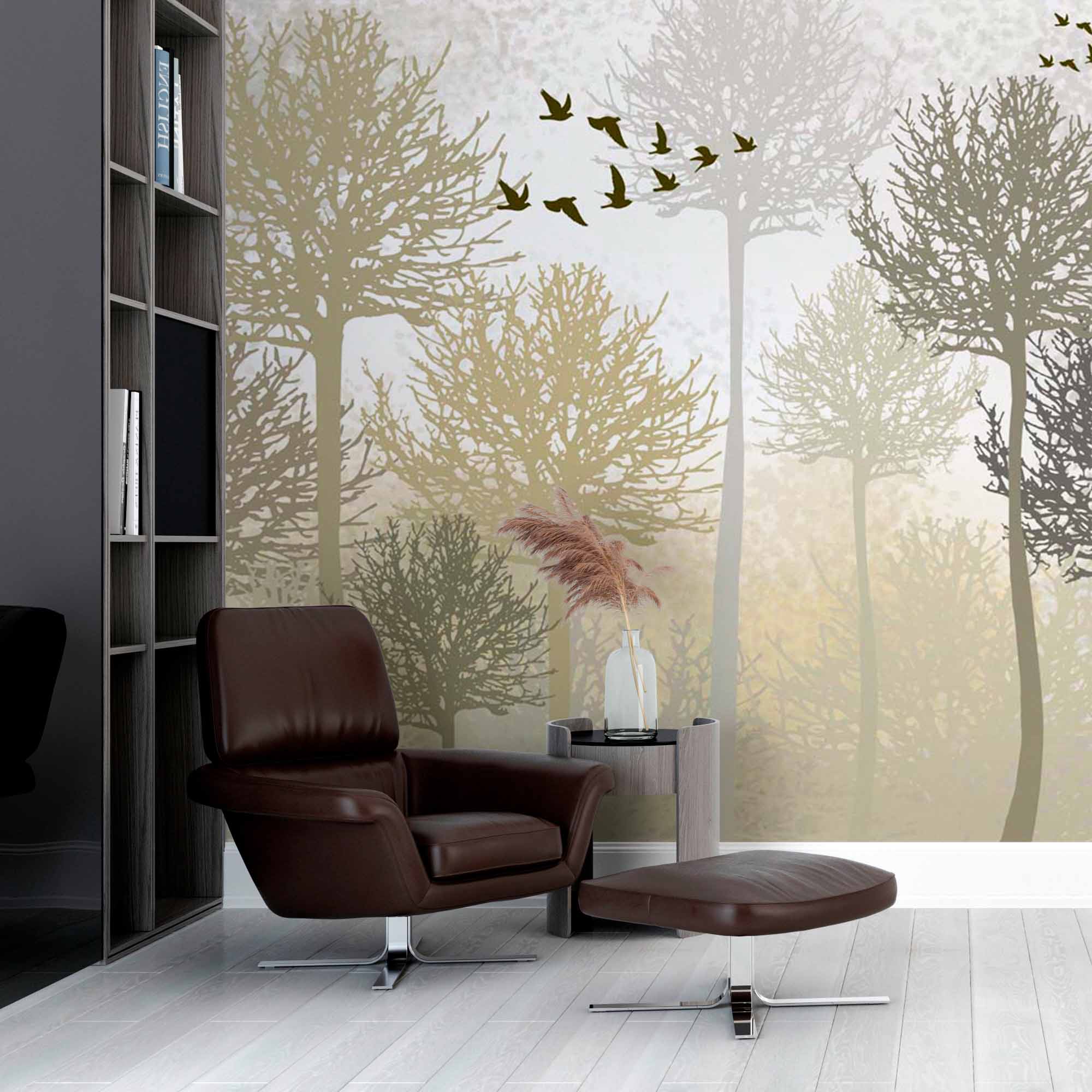 Misty Golden Forest with Soaring Birds Wall Mural Wallpaper