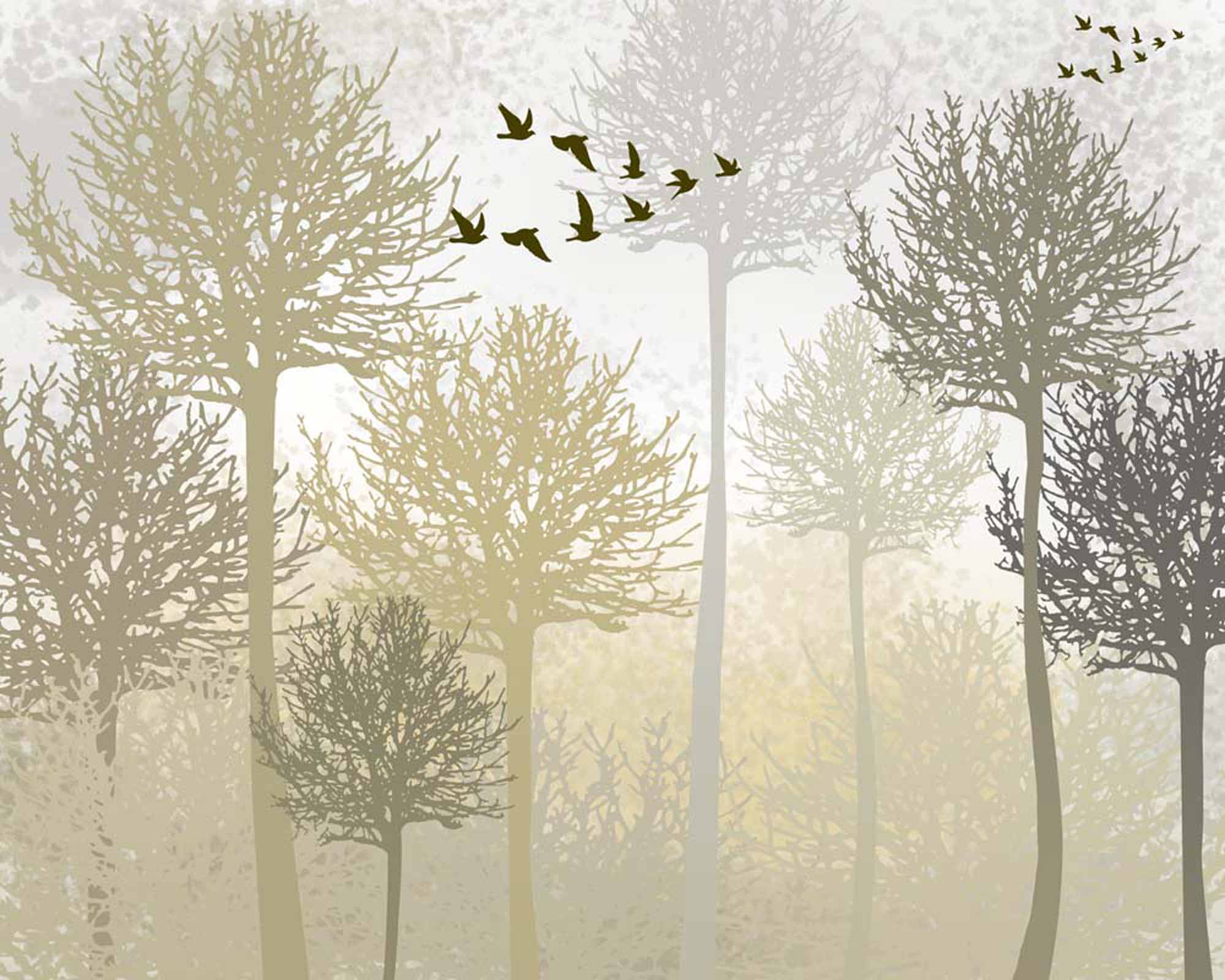 Misty Golden Forest with Soaring Birds Wall Mural Wallpaper