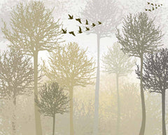 Custom Misty Golden Forest with Soaring Birds Wall Mural Wallpaper