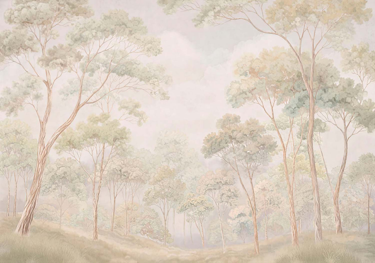 Papier peint forêt d’eucalyptus à l’aquarelle – Panoramique arbres vert doux