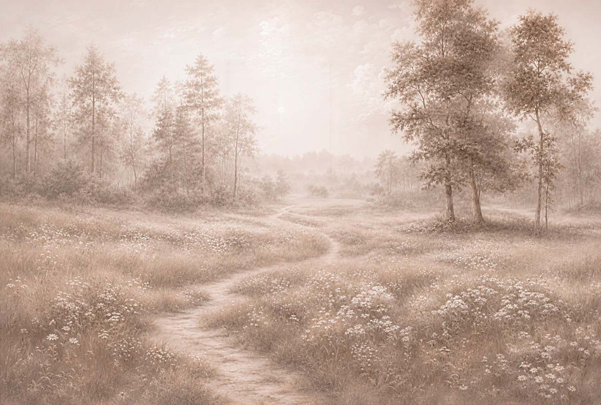 Papier peint prairie et arbres rose pâle – Panoramique paysage pictural doux
