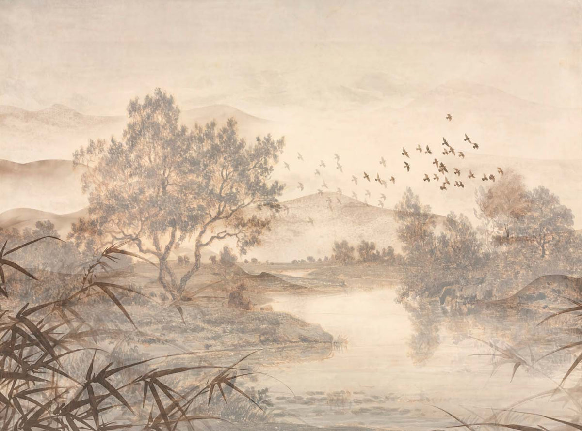 Chinoiserie meerlandschap behang – bomen, vogels en riet fotobehang
