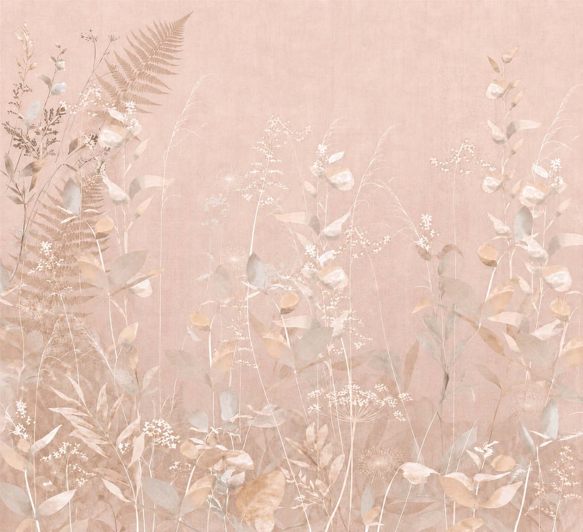 Blush botanisch behang – varens en bladeren op roze fotobehang