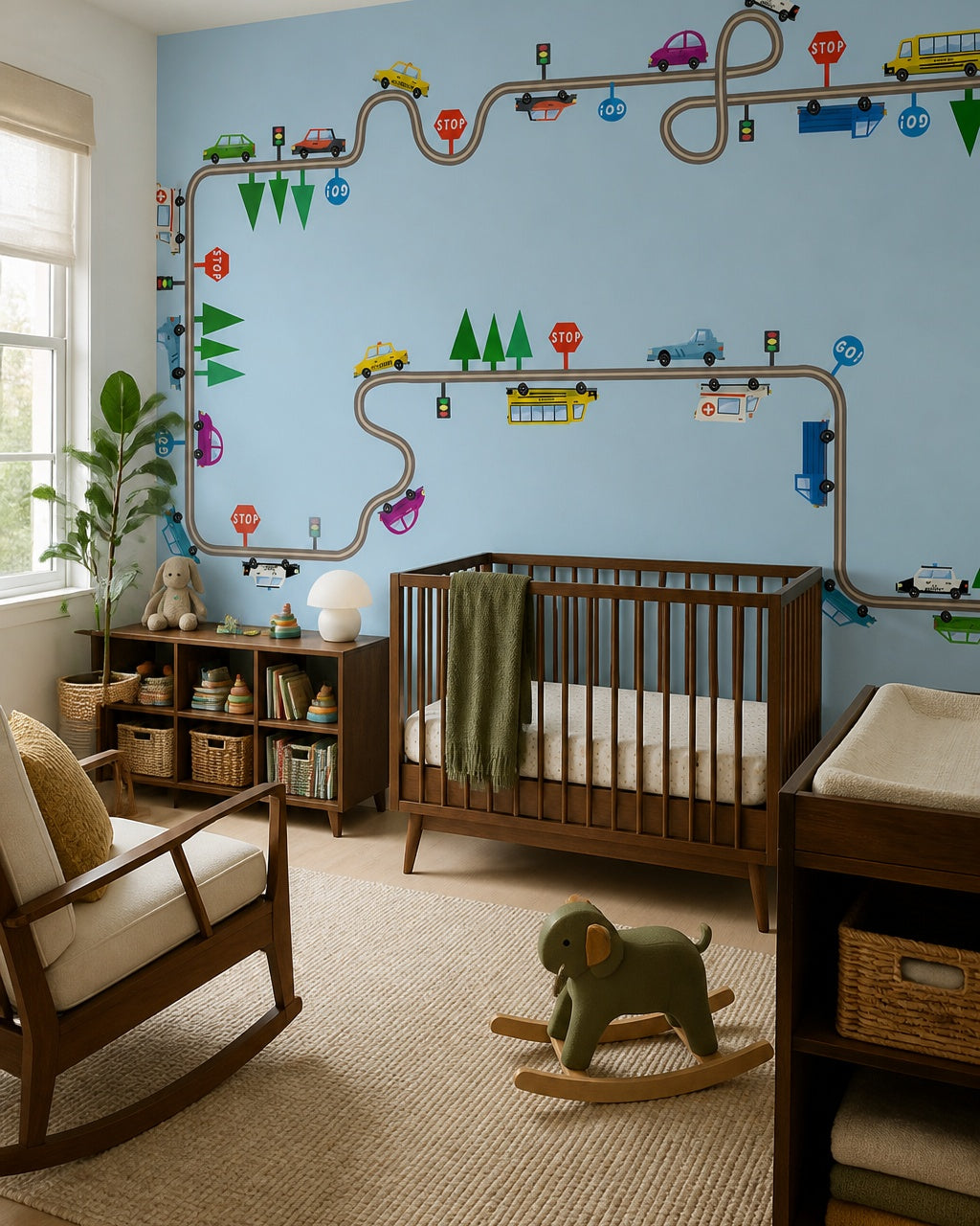 Playful cars and city roads kids room wallpaper in a modern nursery with a crib.
