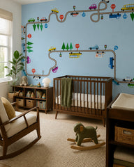 Playful cars and city roads kids room wallpaper in a modern nursery with a crib.