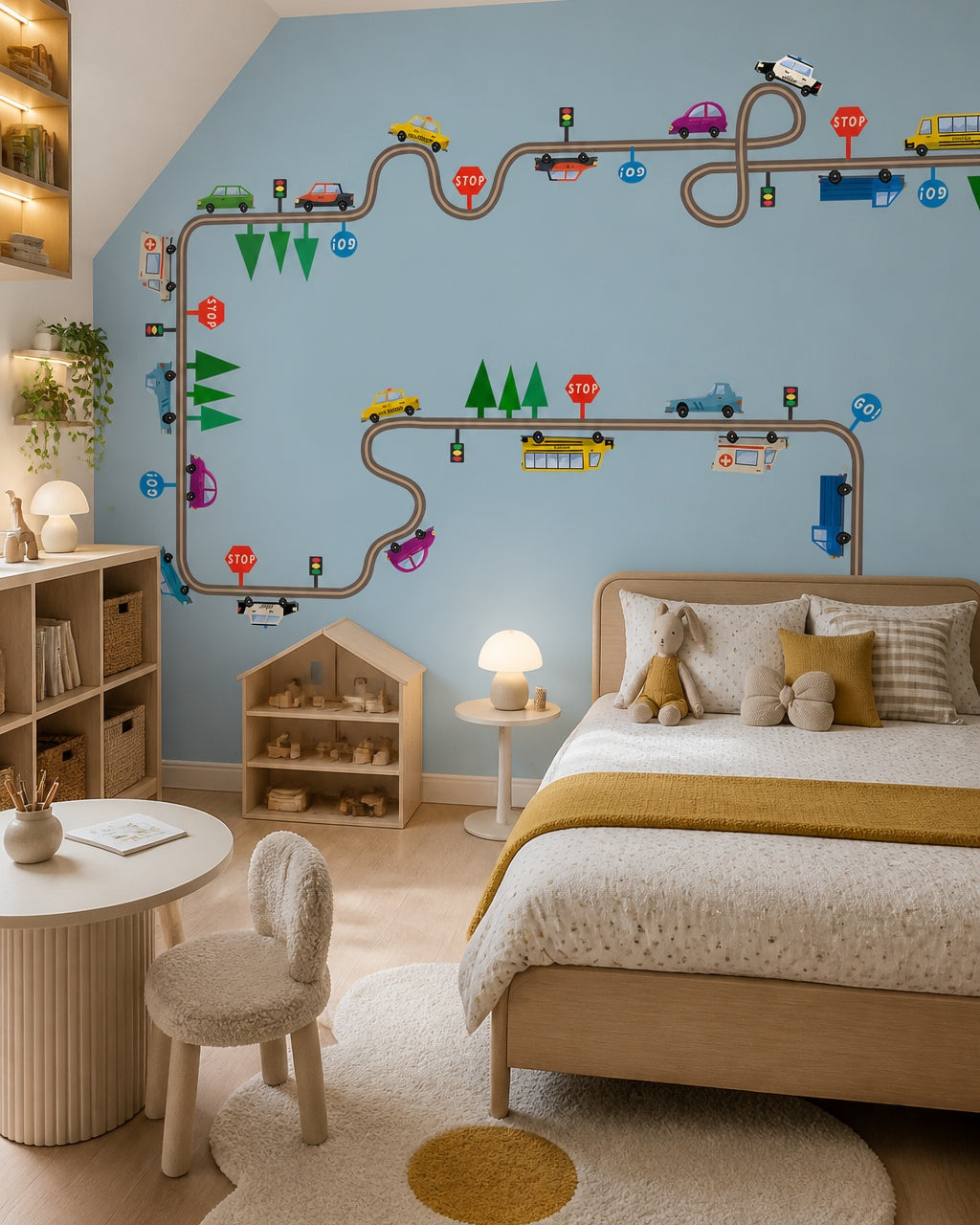 Playful cars and city roads kids room wallpaper in a girl’s bedroom.