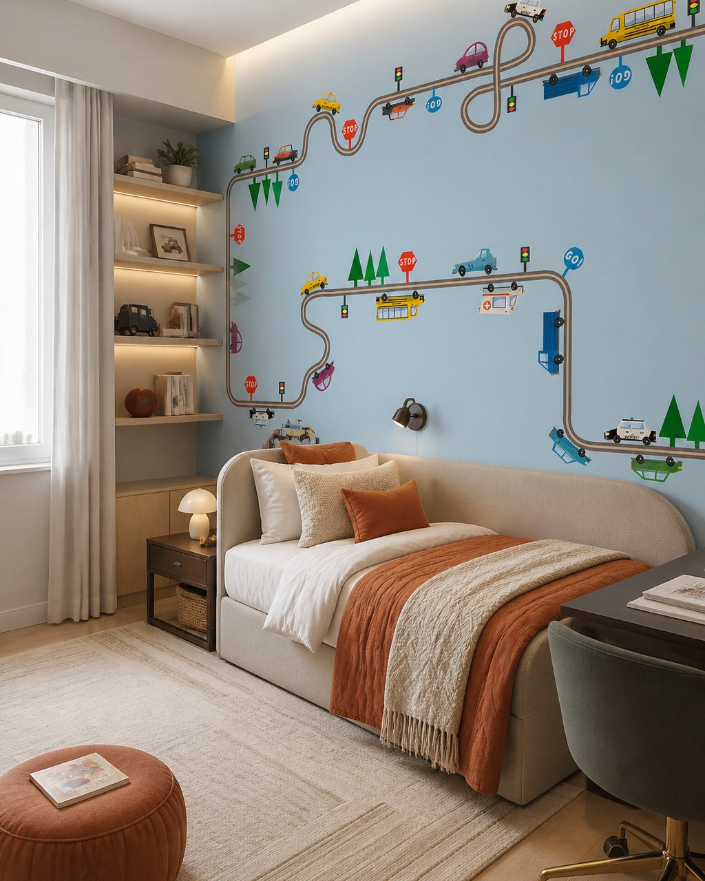 Playful cars and city roads kids room wallpaper in a boy’s bedroom.