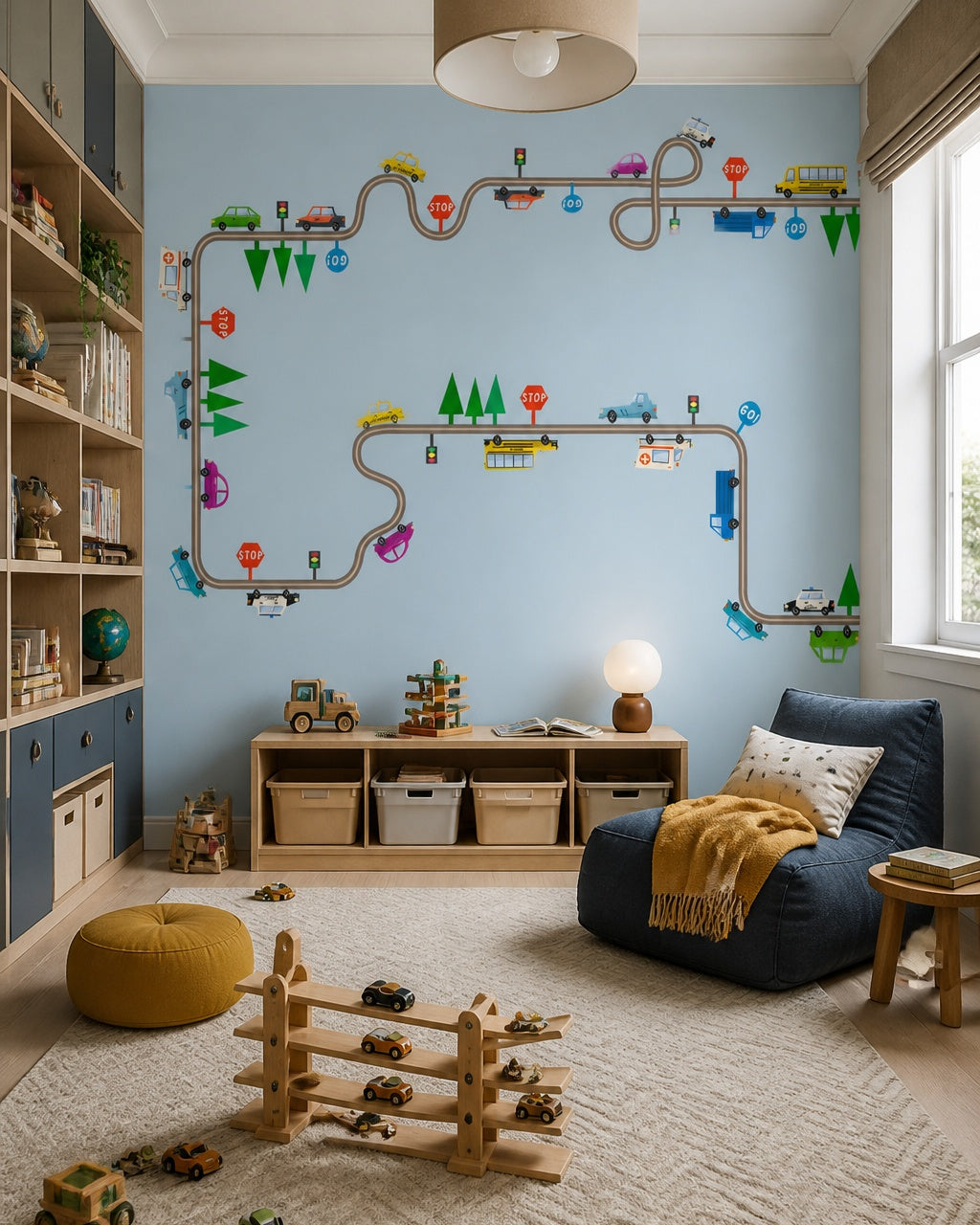 Playful cars and city roads kids room wallpaper in a children’s playroom.