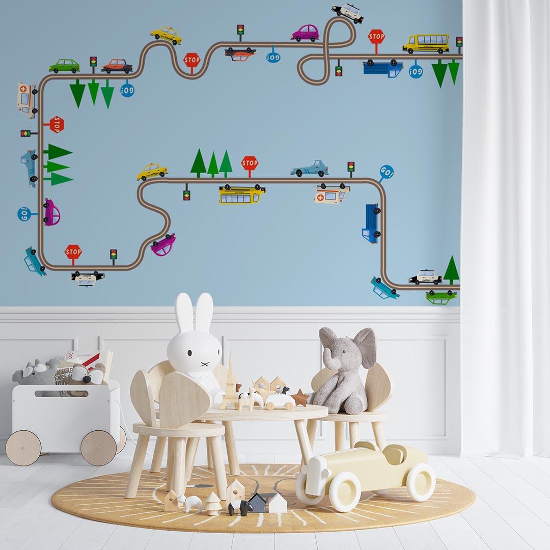 Kids Wall Mural Construction Transport Cartoon City Minimal Design Car Theme Wallpaper for Kids