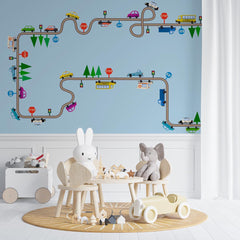 Custom Kids Wall Mural Construction Transport Cartoon City Minimal Design Car Theme Wallpaper for Kids