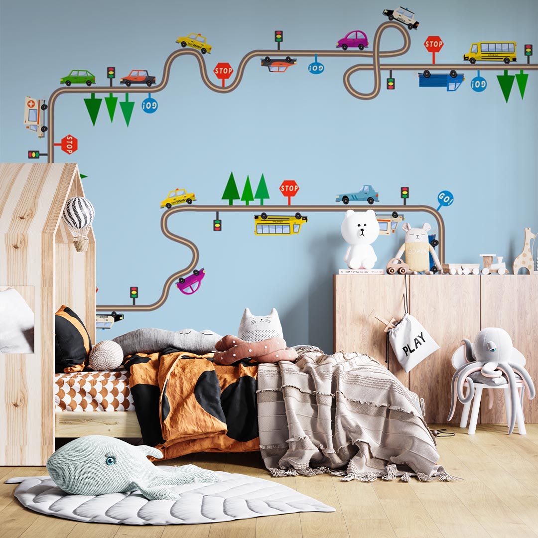 Kids Wall Mural Construction Transport Cartoon City Minimal Design Car Theme Wallpaper for Kids