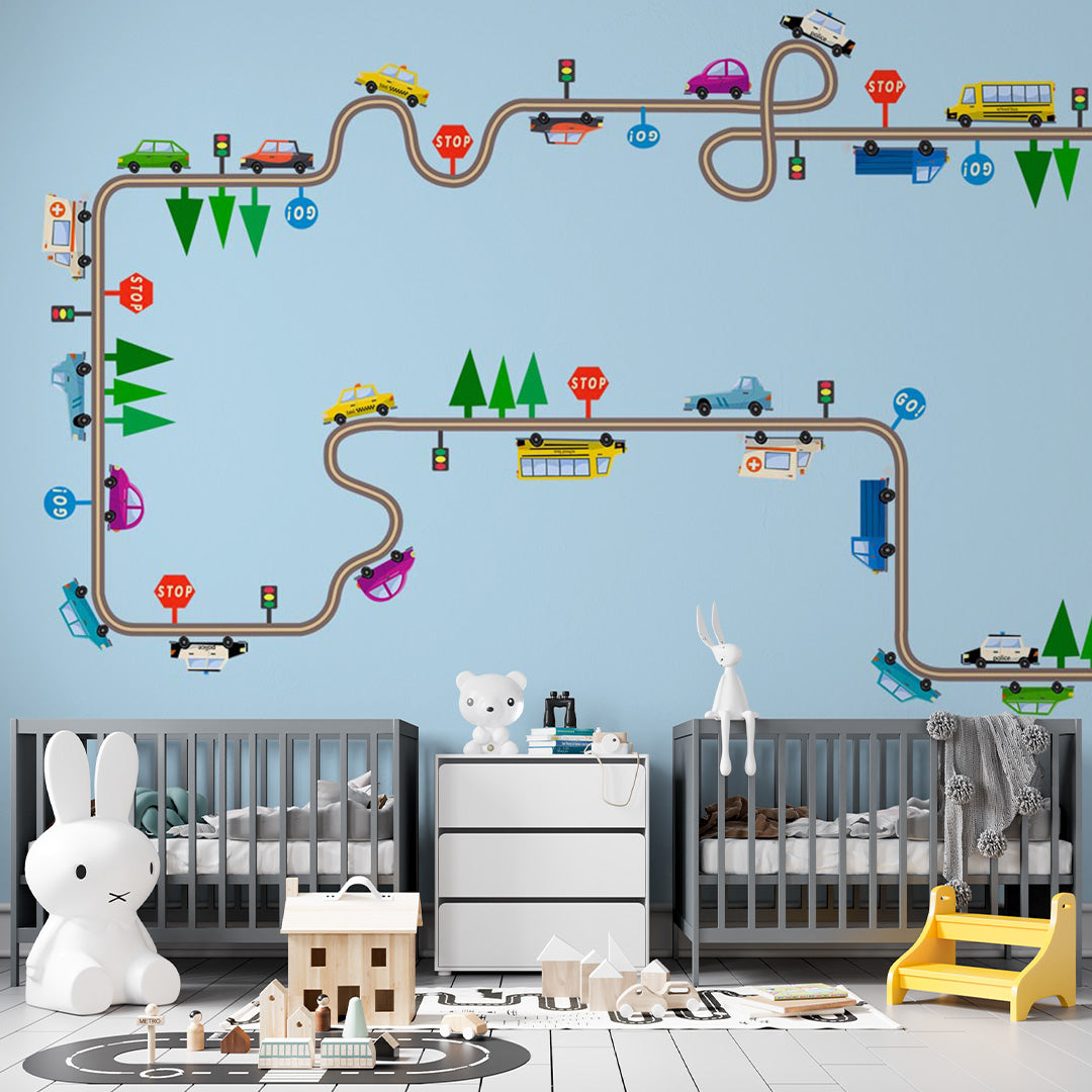 Kids Wall Mural Construction Transport Cartoon City Minimal Design Car Theme Wallpaper for Kids