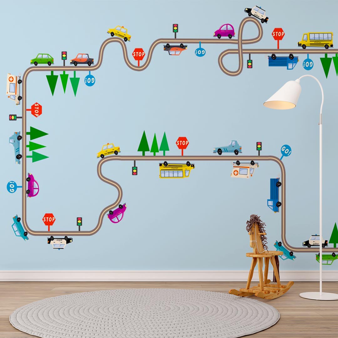 Custom Kids Wall Mural Construction Transport Cartoon City Minimal Design Car Theme Wallpaper for Kids