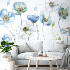 Custom Delicate Blue and White Floral Mural Wallpaper - Elegant Poppy Flowers Design