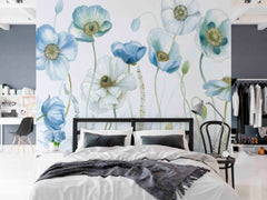 Custom Delicate Blue and White Floral Mural Wallpaper - Elegant Poppy Flowers Design