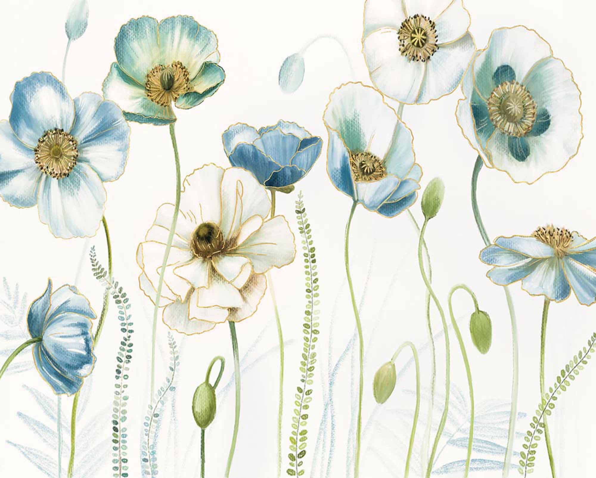 Delicate Blue and White Floral Mural Wallpaper - Elegant Poppy Flowers Design