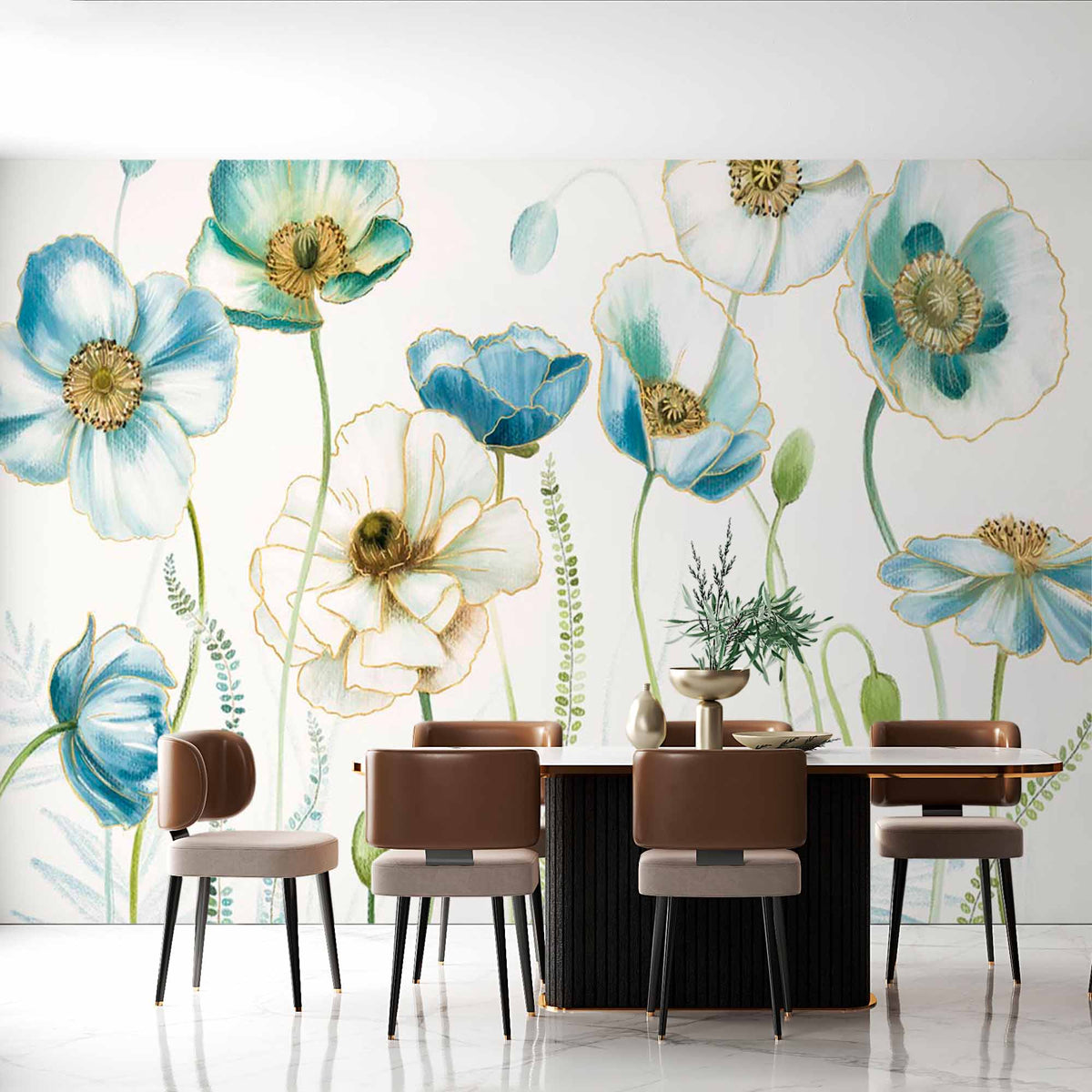 Custom Delicate Blue and White Floral Mural Wallpaper - Elegant Poppy Flowers Design