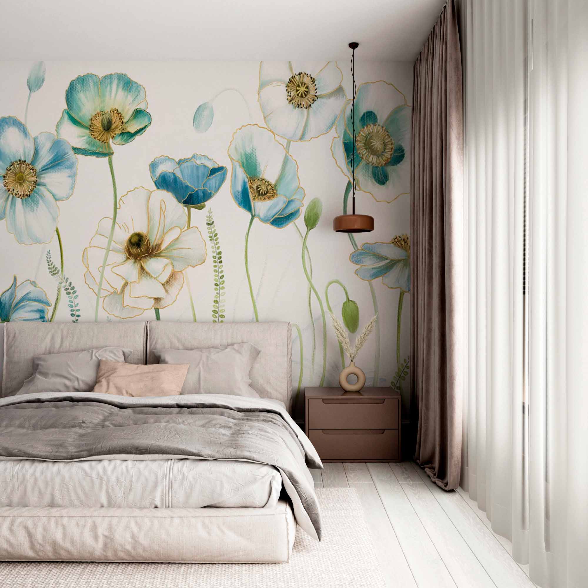 Delicate Blue and White Floral Mural Wallpaper - Elegant Poppy Flowers Design