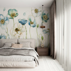 Custom Delicate Blue and White Floral Mural Wallpaper - Elegant Poppy Flowers Design