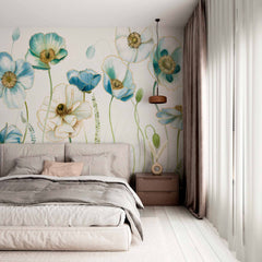 Custom Delicate Blue and White Floral Mural Wallpaper - Elegant Poppy Flowers Design