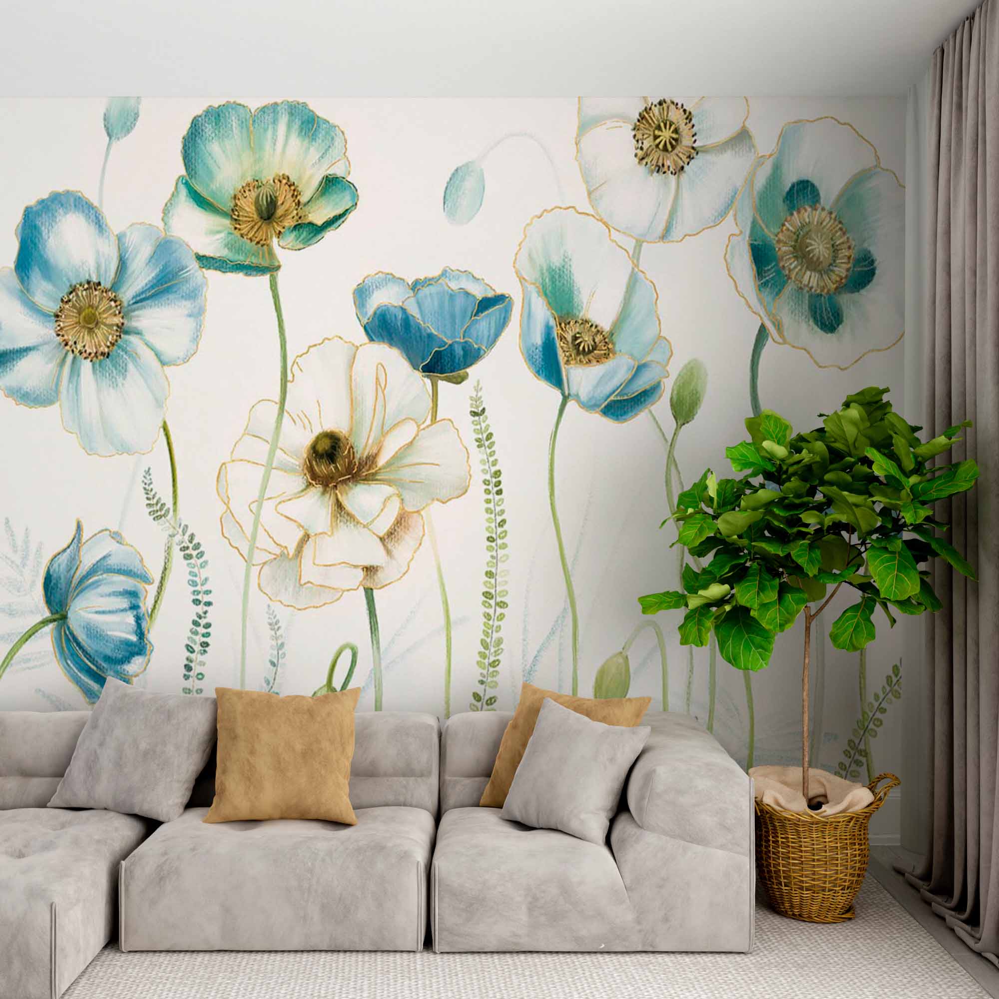 Delicate Blue and White Floral Mural Wallpaper - Elegant Poppy Flowers Design