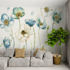 Custom Delicate Blue and White Floral Mural Wallpaper - Elegant Poppy Flowers Design