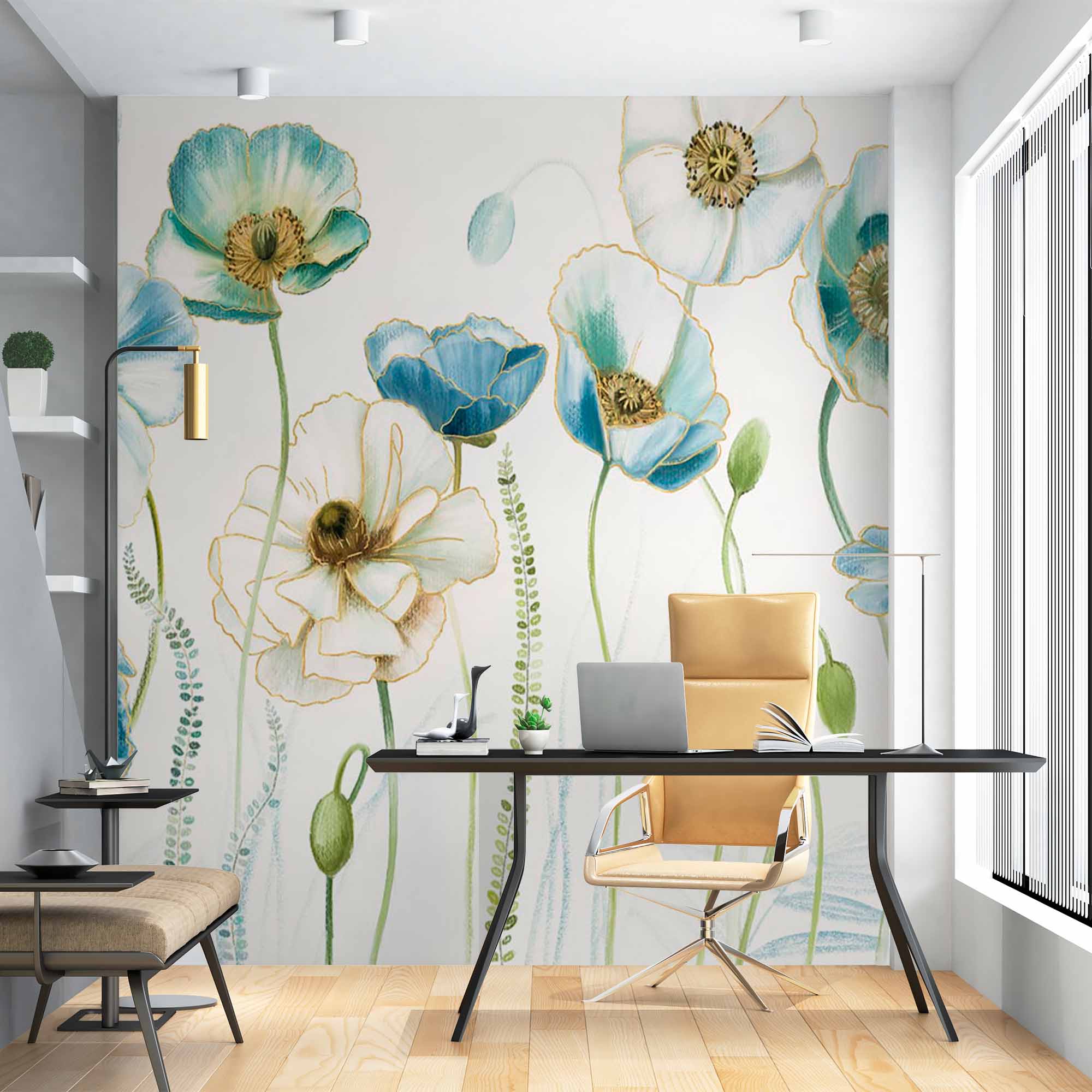 Delicate Blue and White Floral Mural Wallpaper - Elegant Poppy Flowers Design