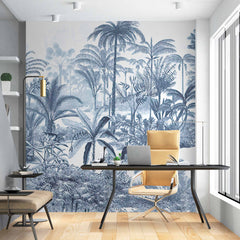 Custom Blue and White Tropical Scene Wallpaper Mural