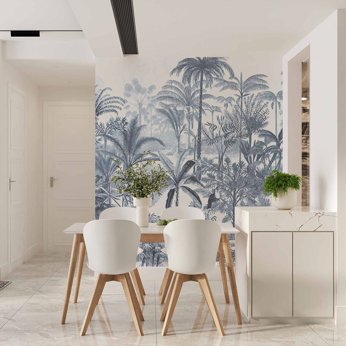 Custom Blue and White Tropical Scene Wallpaper Mural