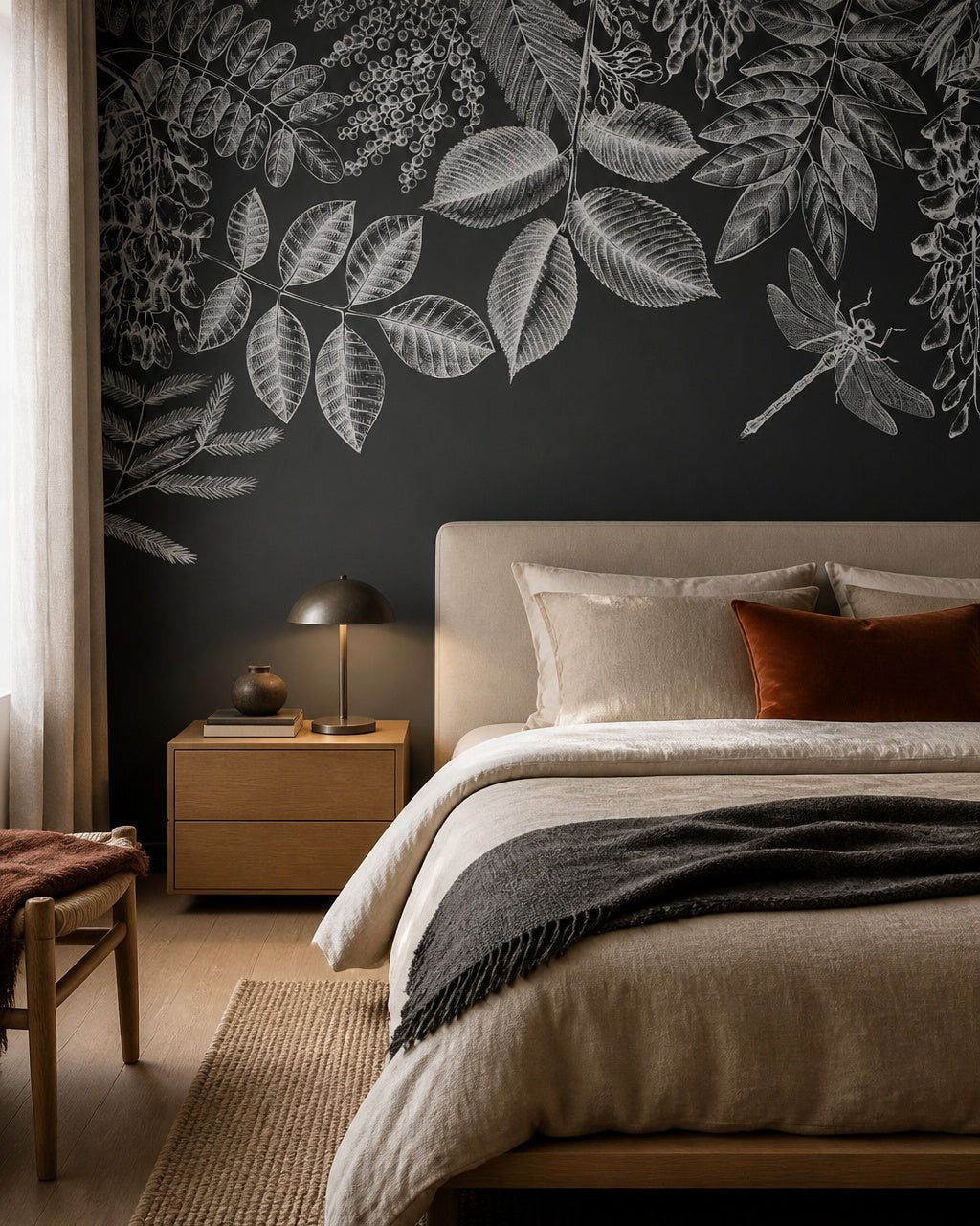 Chalkboard botanical wallpaper in a designer bedroom.