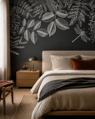 Chalkboard botanical wallpaper in a designer bedroom.