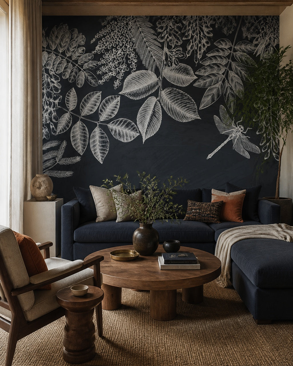 Chalkboard botanical wallpaper in a designer living room.