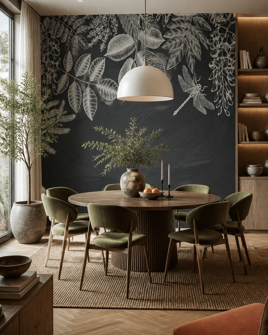 Chalkboard botanical wallpaper in a refined dining area.