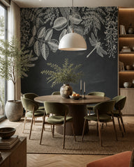 Chalkboard botanical wallpaper in a refined dining area.