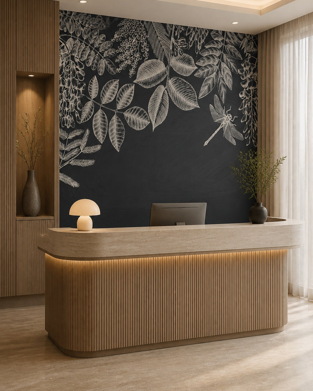 Chalkboard botanical wallpaper at a hotel reception desk.