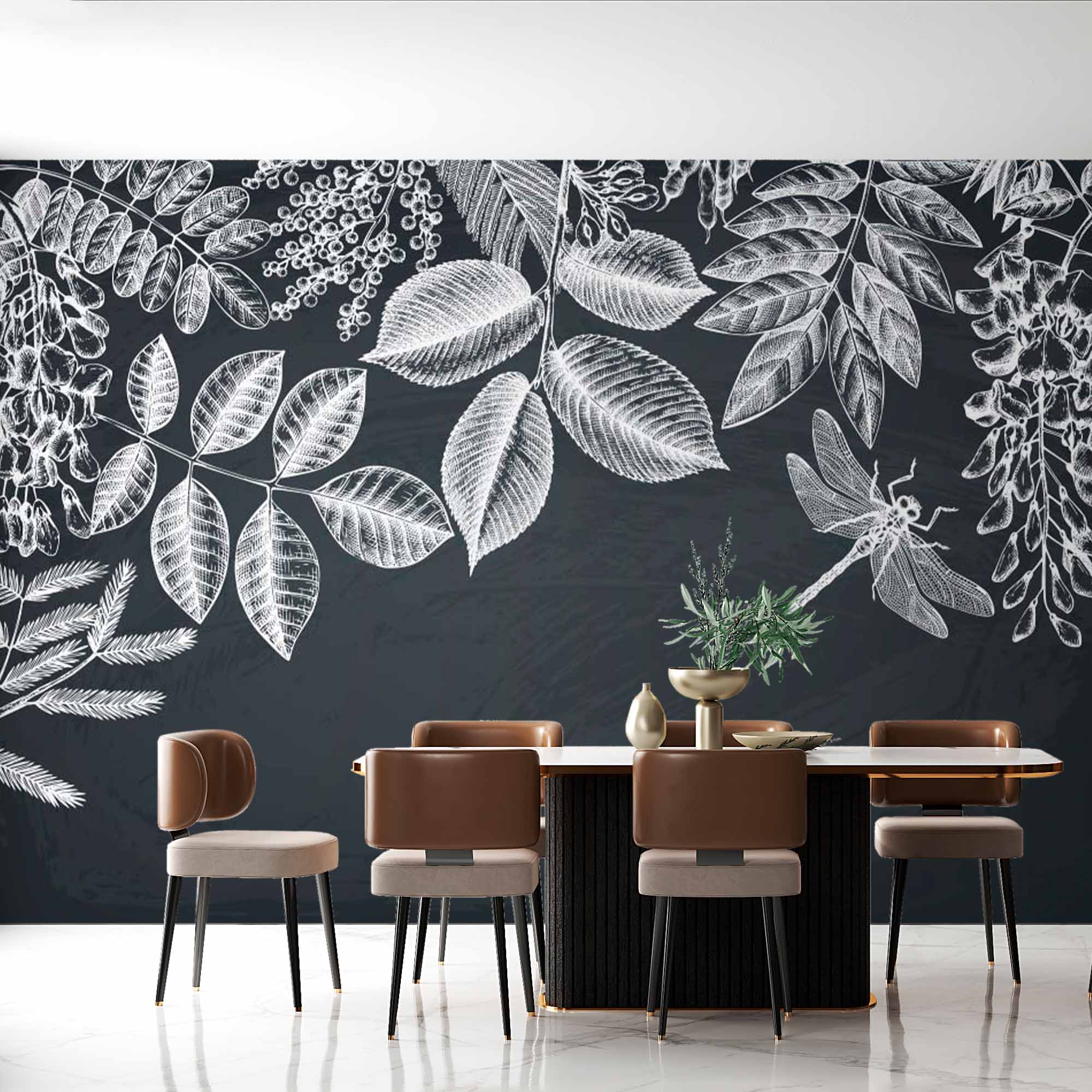 Chalkboard Botanical Mural Wallpaper - Intricate White Leaf and Dragonfly Design