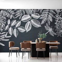 Custom Chalkboard Botanical Mural Wallpaper - Intricate White Leaf and Dragonfly Design