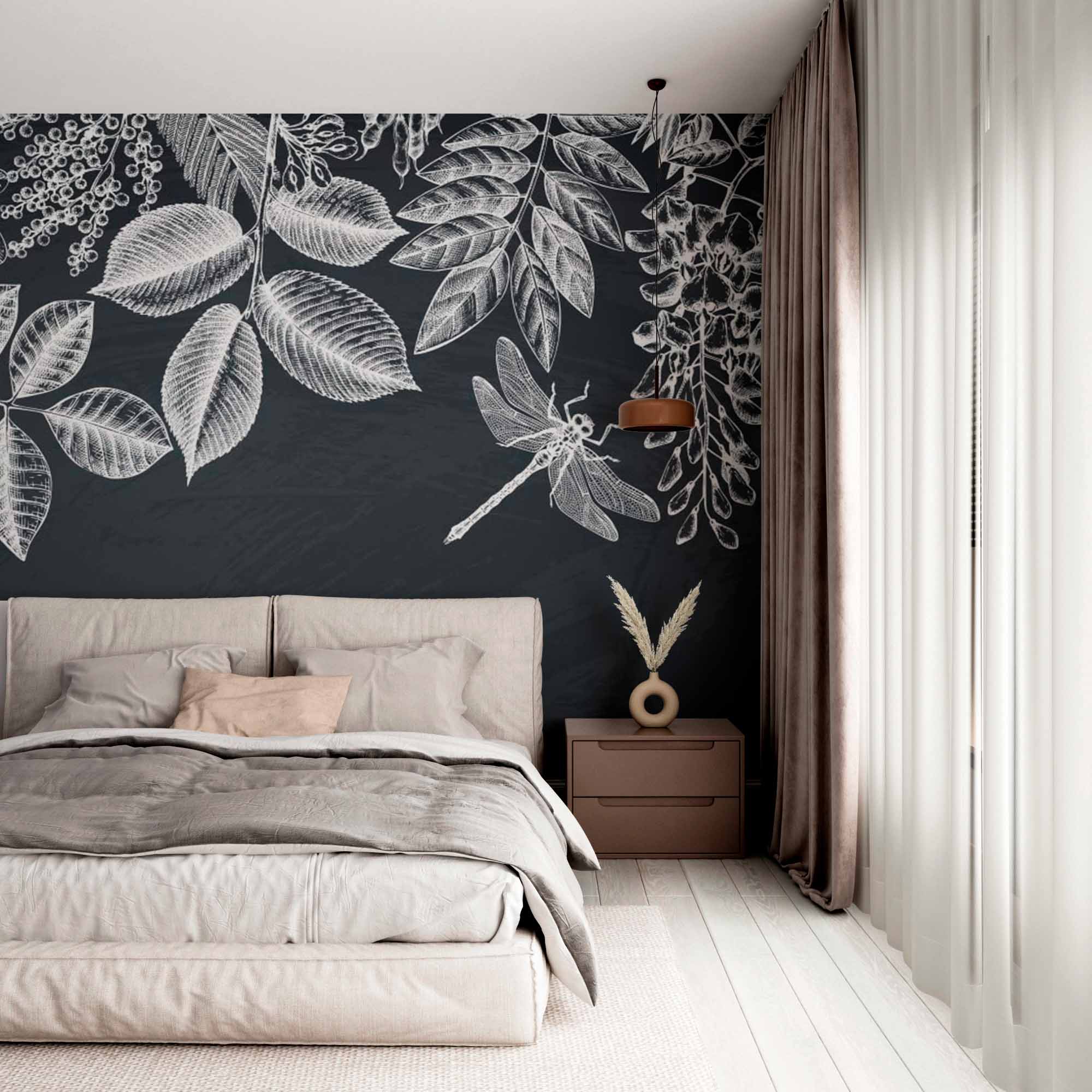 Chalkboard Botanical Mural Wallpaper - Intricate White Leaf and Dragonfly Design