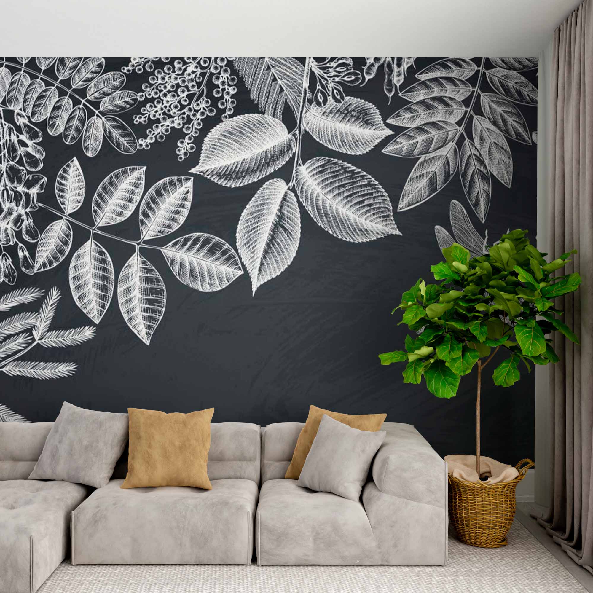 Chalkboard Botanical Mural Wallpaper - Intricate White Leaf and Dragonfly Design