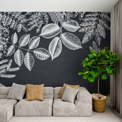 Custom Chalkboard Botanical Mural Wallpaper - Intricate White Leaf and Dragonfly Design